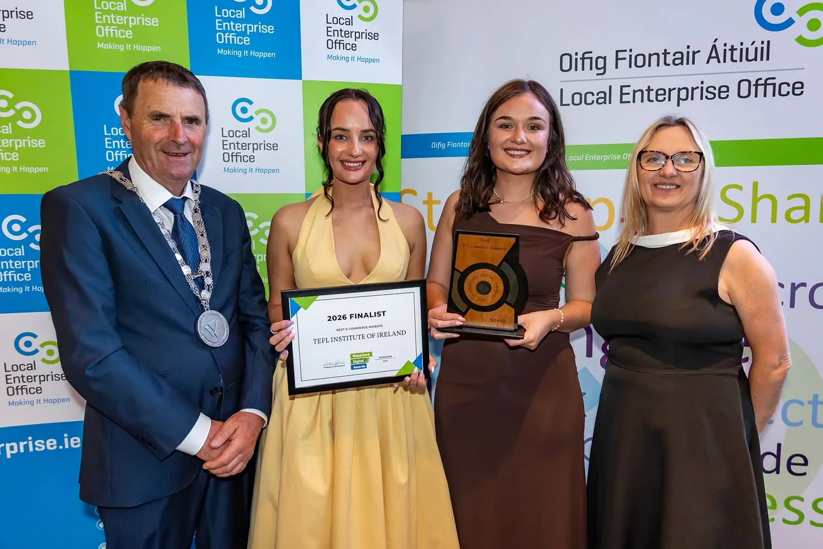 Award winners holding their trophies at a Local Enterprise Office awards event